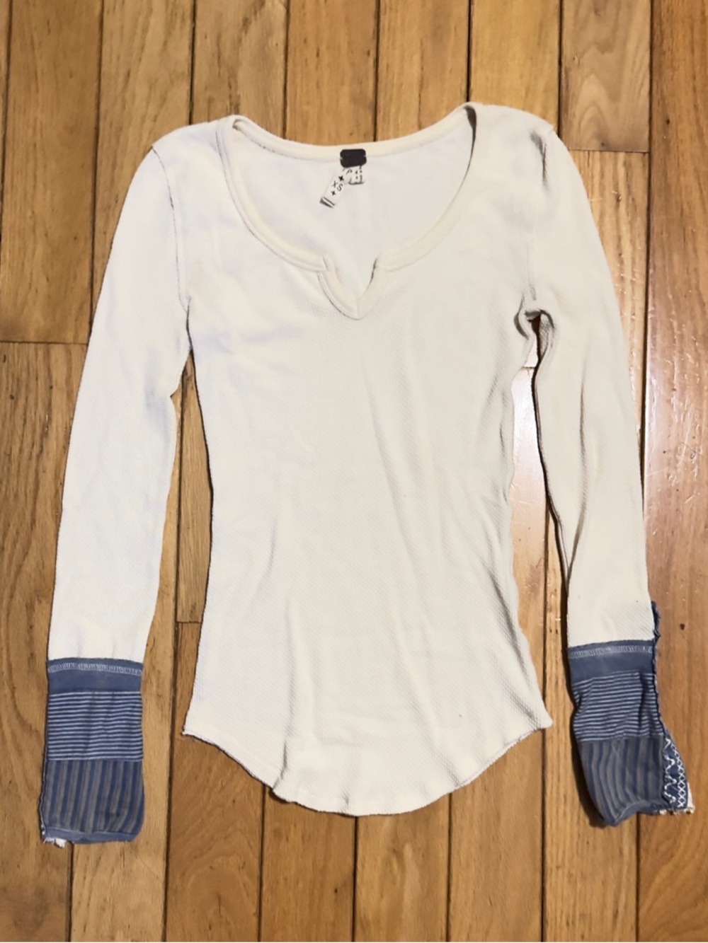 We The Free - Free People Cream Long Sleeve Thermal Top with Blue Stripe Cuffs